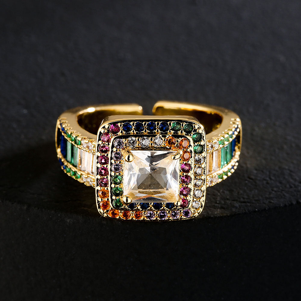 INS-Inspired Geometric Open Ring for Women Made of Copper with 18K Gold Plating and T-Zirconia Inlay