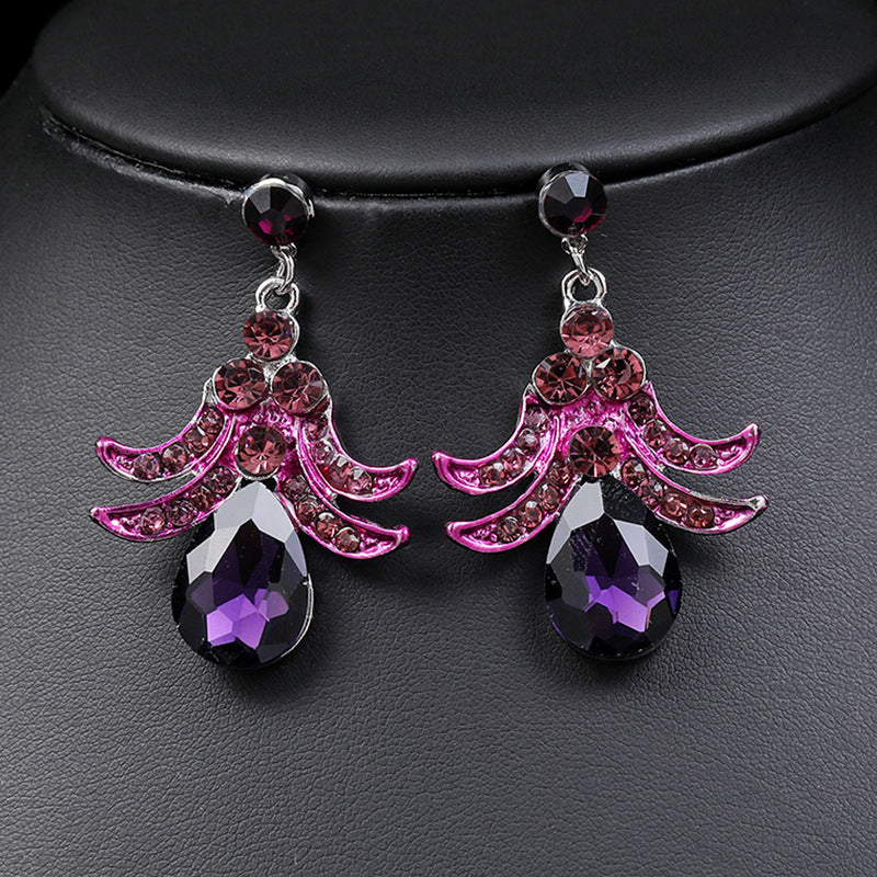 Personalized Exaggerated Purple Alloy Waterdrop Necklace and Earring Set with Rhinestone Inlay for Women Wedding