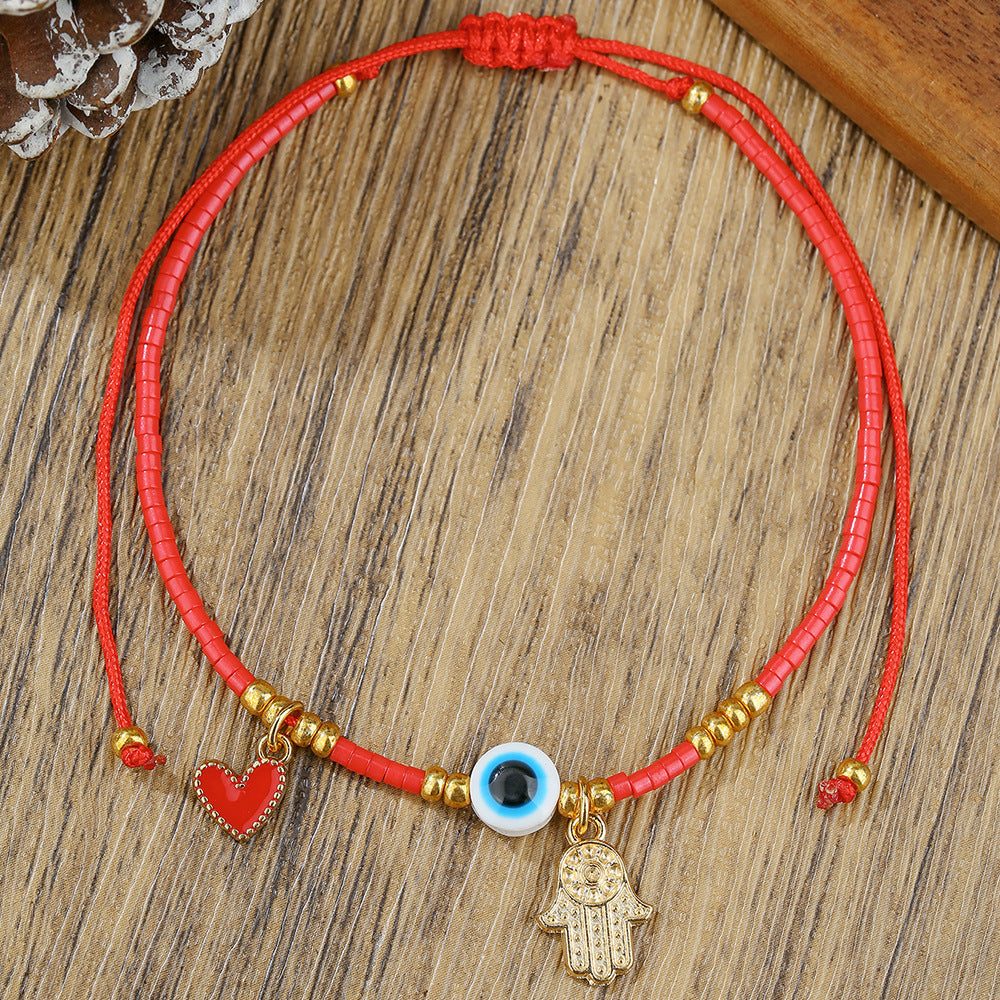 Fashion Geometric Glass Bead Handmade Bracelet with Red Cord and Gold Beads for Unisex