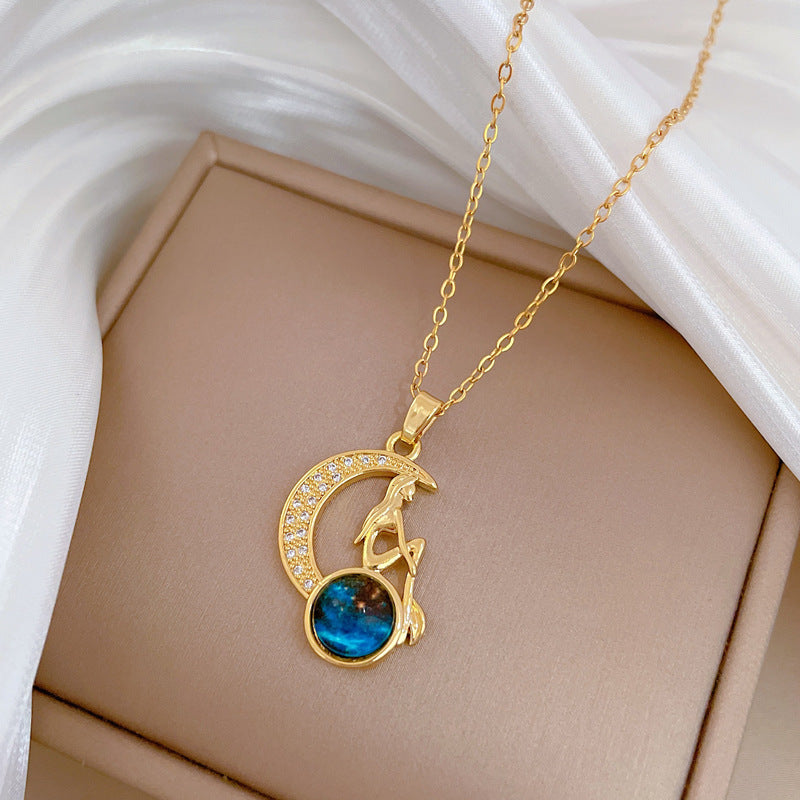 Collar minimalista con colgante de luna creciente y estrella de acero de titanio con circonitas cúbicas para mujer y hombre