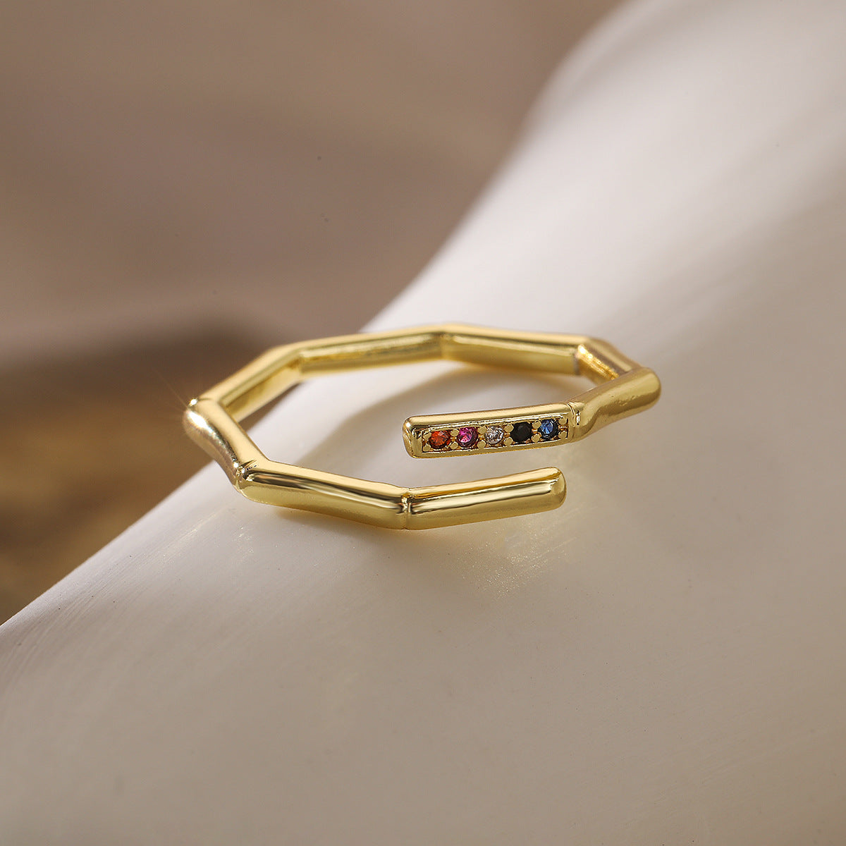Minimalist Irregular Geometric Copper Ring with 18K Gold Plating and Zircon Inlay for Women