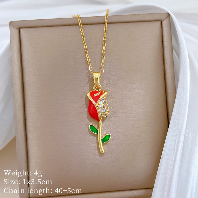 Sweet Geometric Moon Drip Oil Rhinestone Pendant Necklace Titanium Steel Cable Chain for Unisex