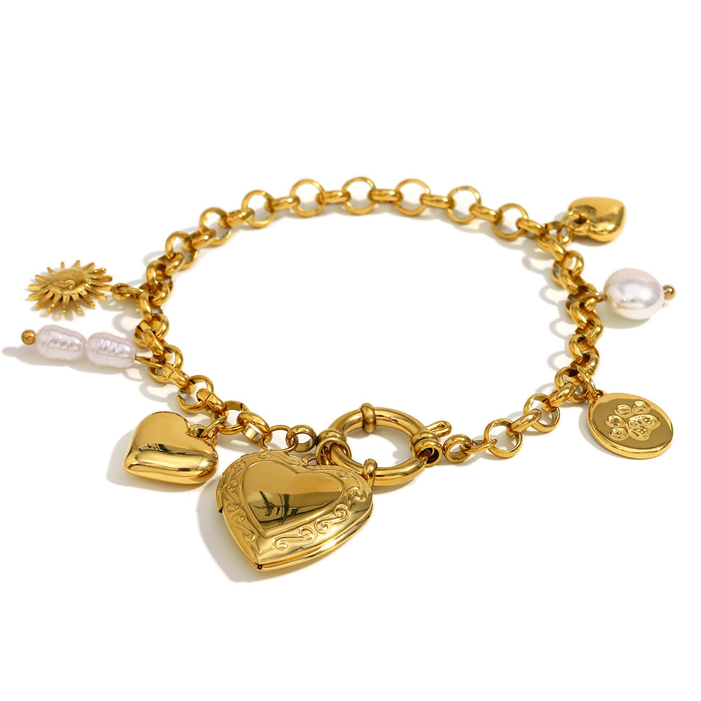 Fashionable OL Style Heart-Shaped Stainless Steel Plated 18K Gold Circle Link Bracelet for Women