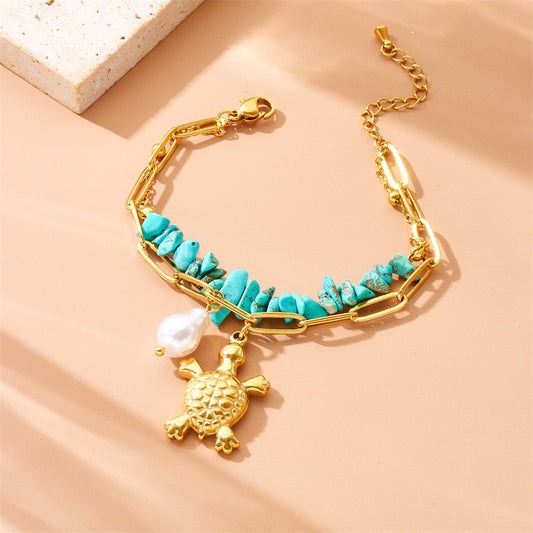 Individualistic Plated Stainless Steel Turtle Pearl Turquoise Double Layer Bracelet