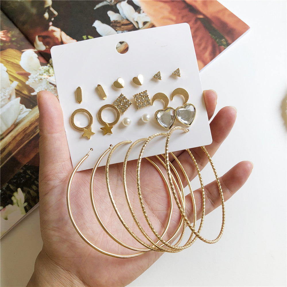Sweet Geometric Star Moon Heart Triangle Alloy Rhinestone Inlay Earring Set for Women