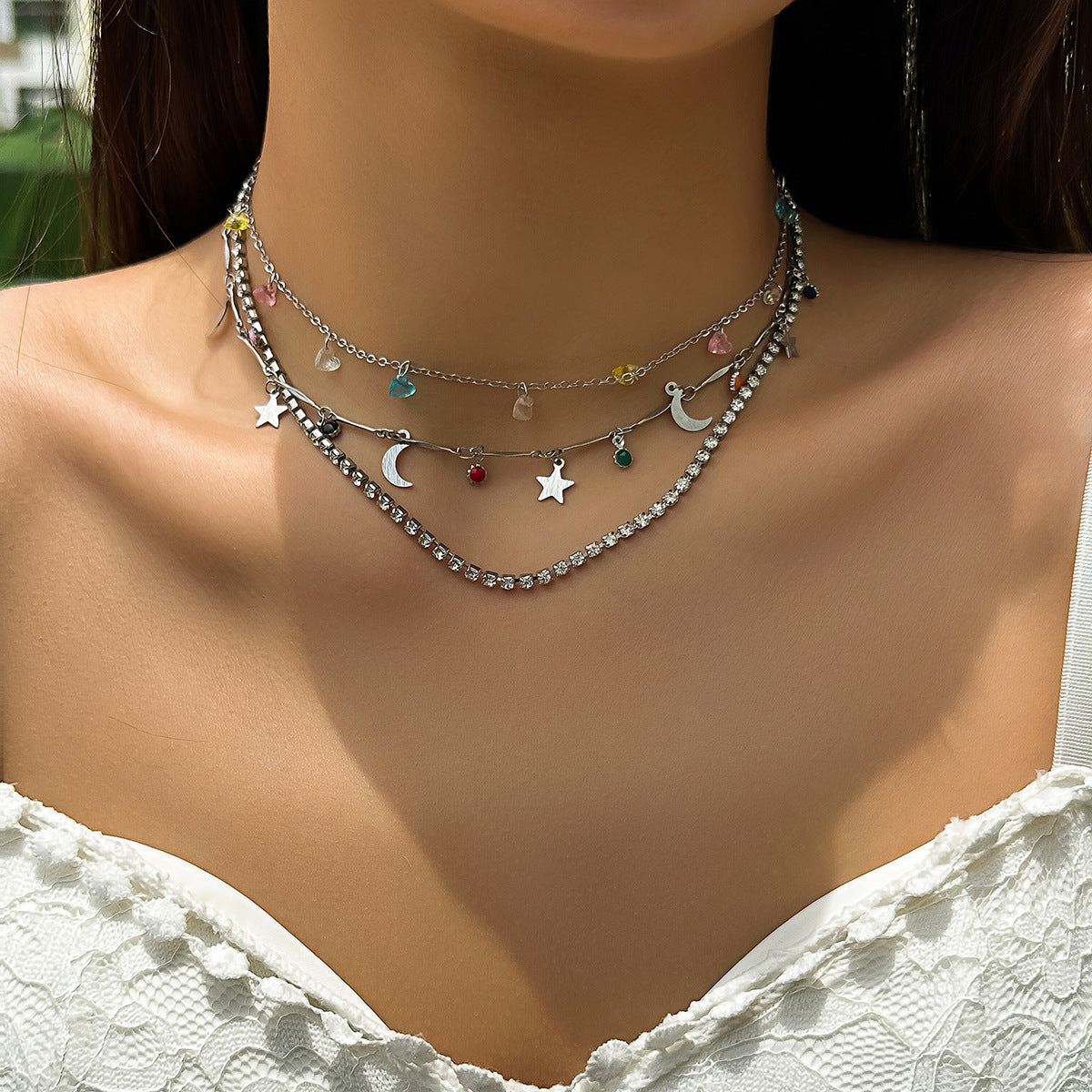 Vintage French Style Geometric Star and Moon Pendant Necklace with Tassel Detail, Electroplated Zinc Alloy on Iron Base, Delicate Layering Chain
