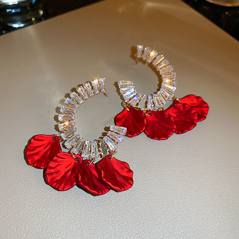 Elegant Geometric Dangle Stud Earrings for Women with Red Tassels, Alloy Base and Gold Plated Finish