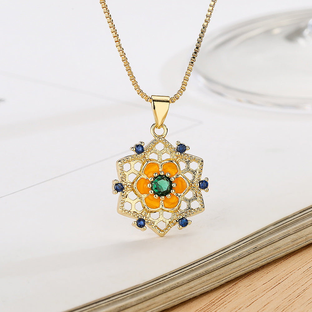 Minimalist Sunflower Pendant Necklace for Women in Copper with Geometric Design and Floral Motif