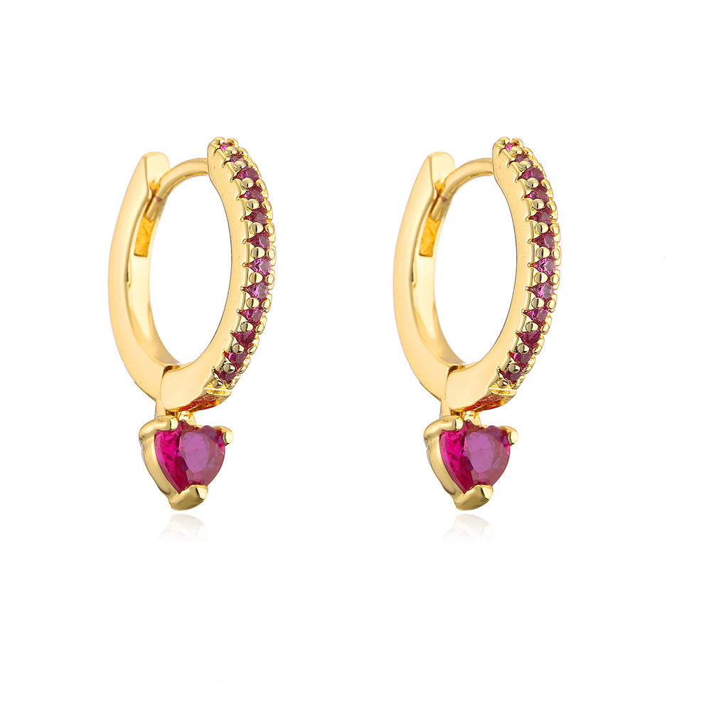 Geometric Heart-Shaped Copper Earrings with 18K Gold Plating and Zircon Inlay for Women