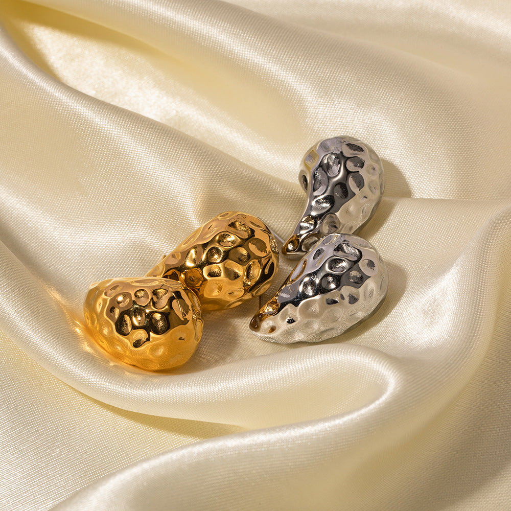 Minimalist Geometric Stainless Steel Earrings with 18K Gold Plating and Teardrop Hammered Texture for Women