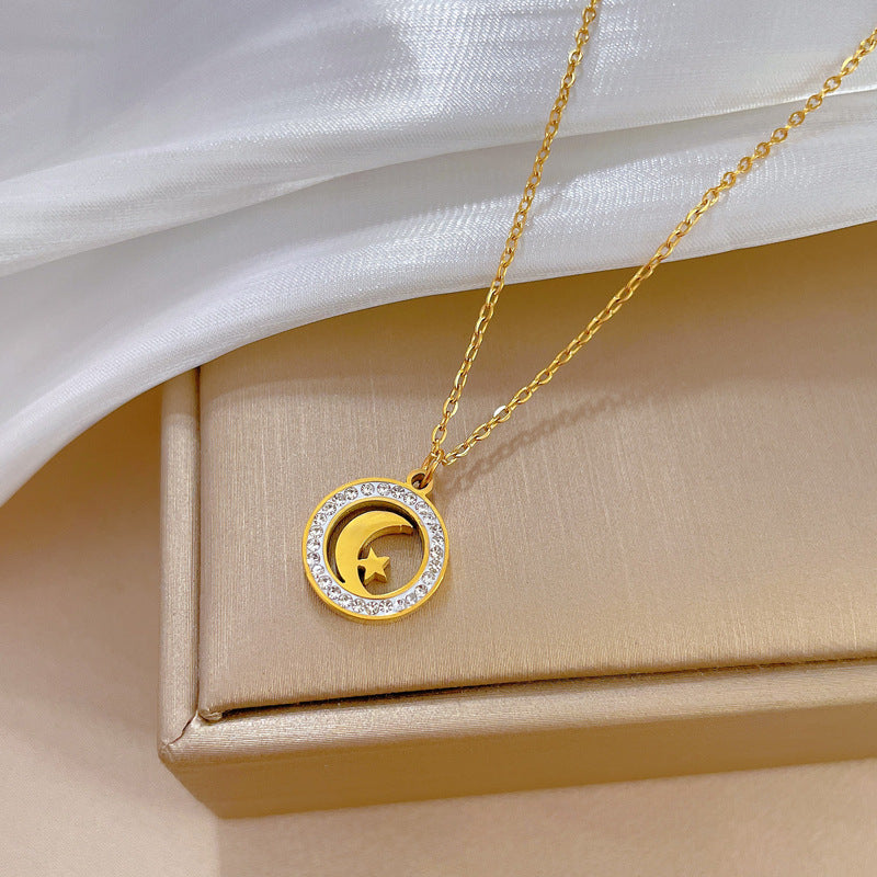 Minimalist Geometric Star and Moon Pendant Necklace in Titanium Steel with Gold Plating for Women and Men