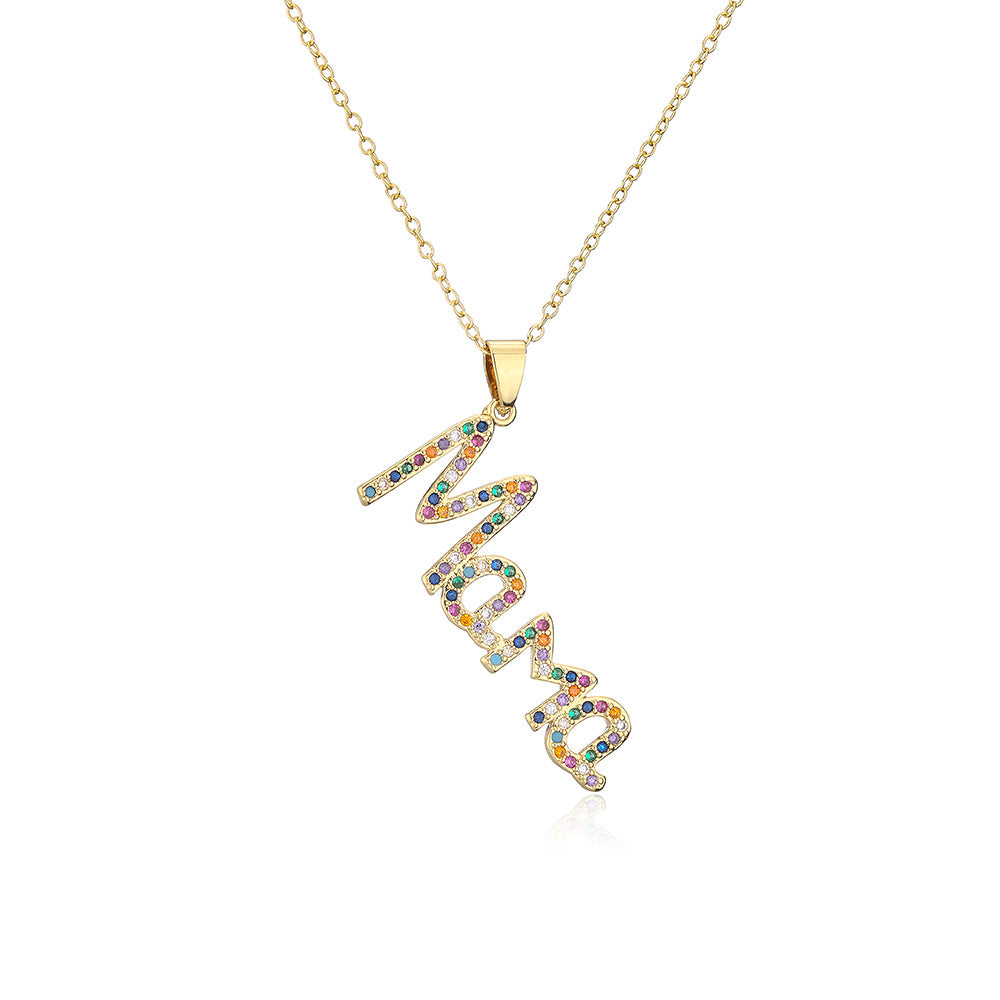 Geometric MAMA Pendant Necklace in Copper with Cubic Zirconia Inlay and 18K Gold Plating for Women