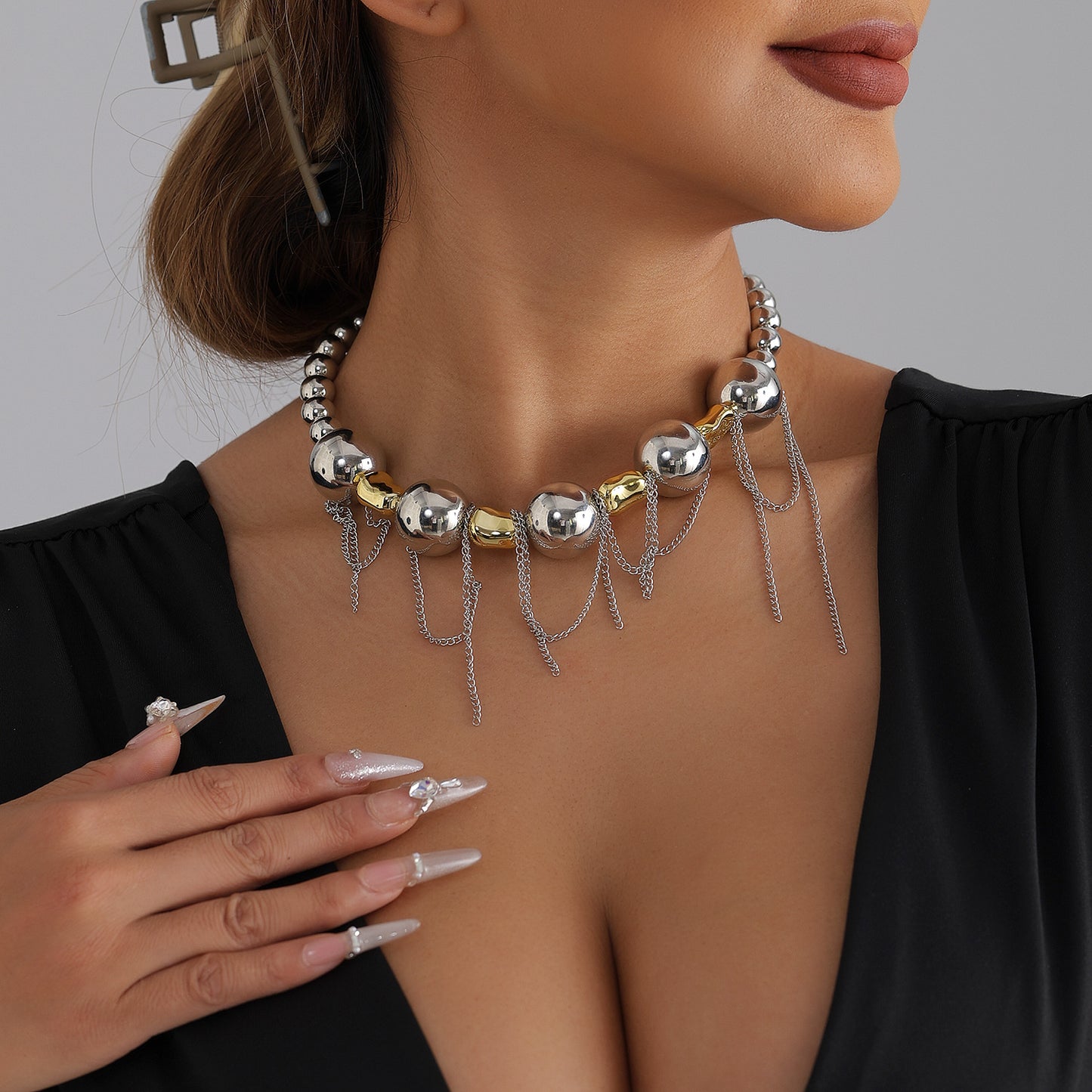 Exaggerated Geometric Round Beaded Tassel Necklace Alloy Plated Multi-layer Chain for Women