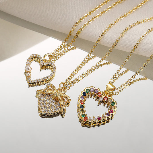 Elegante Collana Pendente da Donna a Cuore con Zirconi e Perle in Stile Francese, in Rame con Design Minimalista