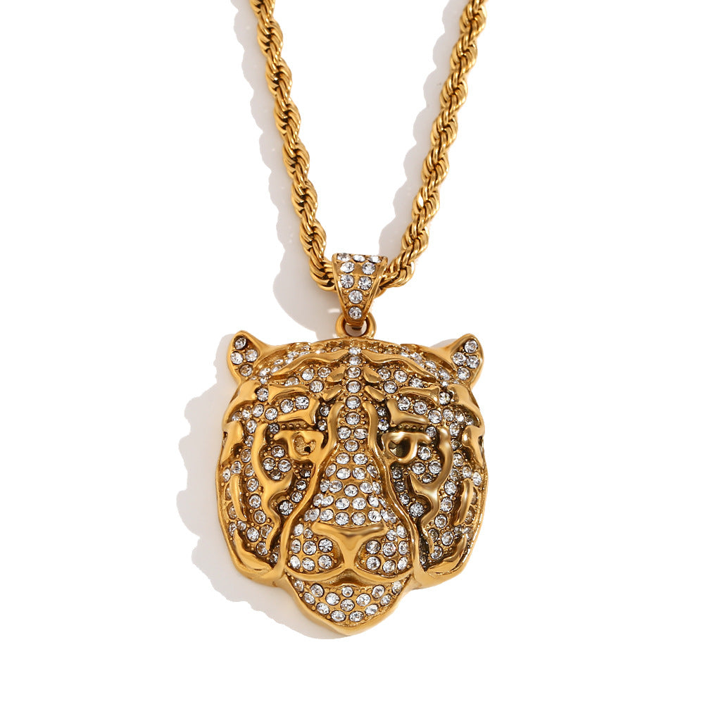 Hip Hop Style Tiger Face Pendant Necklace for Men Stainless Steel with 18K Gold Plating and Full Rhinestone Inlay on Twisted Chain