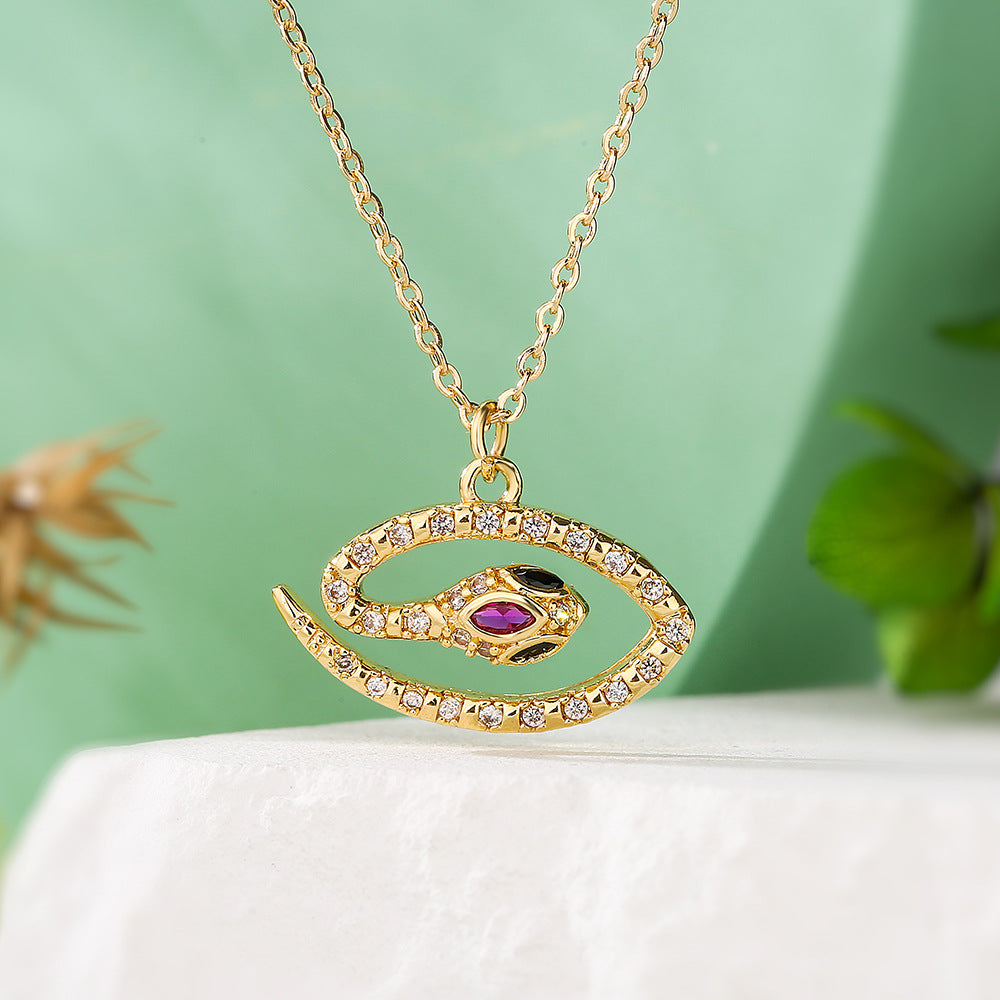 Bohemian Style Snake-Shaped Pendant Necklace for Women with Copper Base and Real Gold Plating, Zircon Inlay, Geometric Design