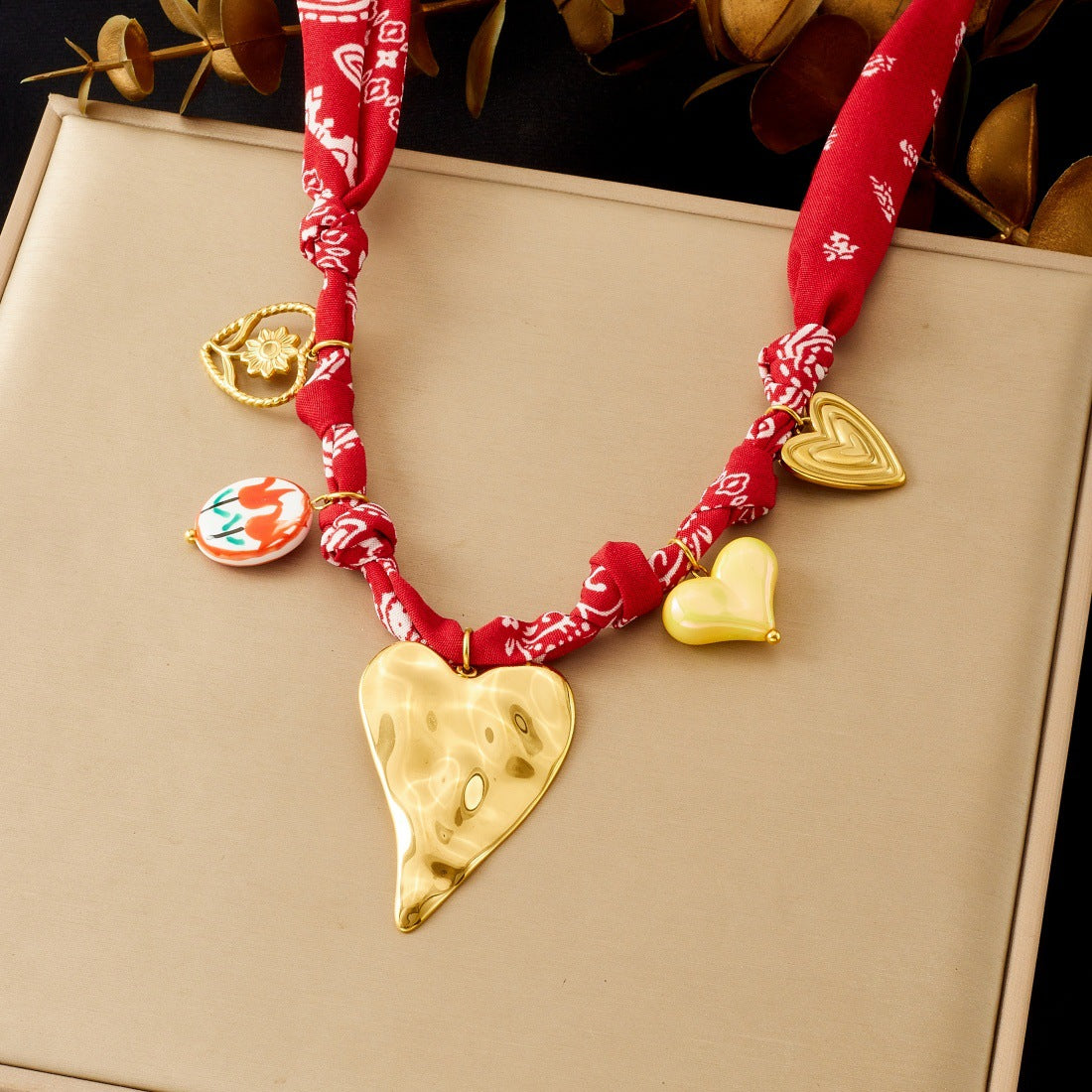 Bohemian Vintage Heart Floral Ceramic Plated Stainless Steel Pendant Necklace Set for Women