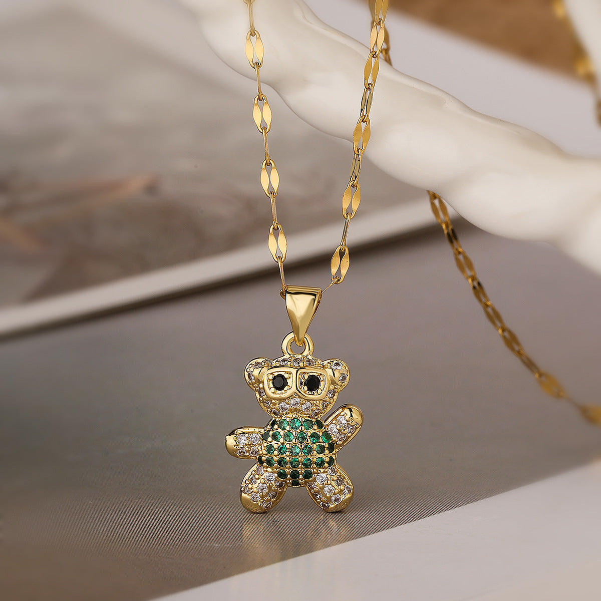 Cute Bear Pendant Necklace for Women in Copper with Real Gold Plating and Zircon Inlay, Minimalist Style Locket Chain