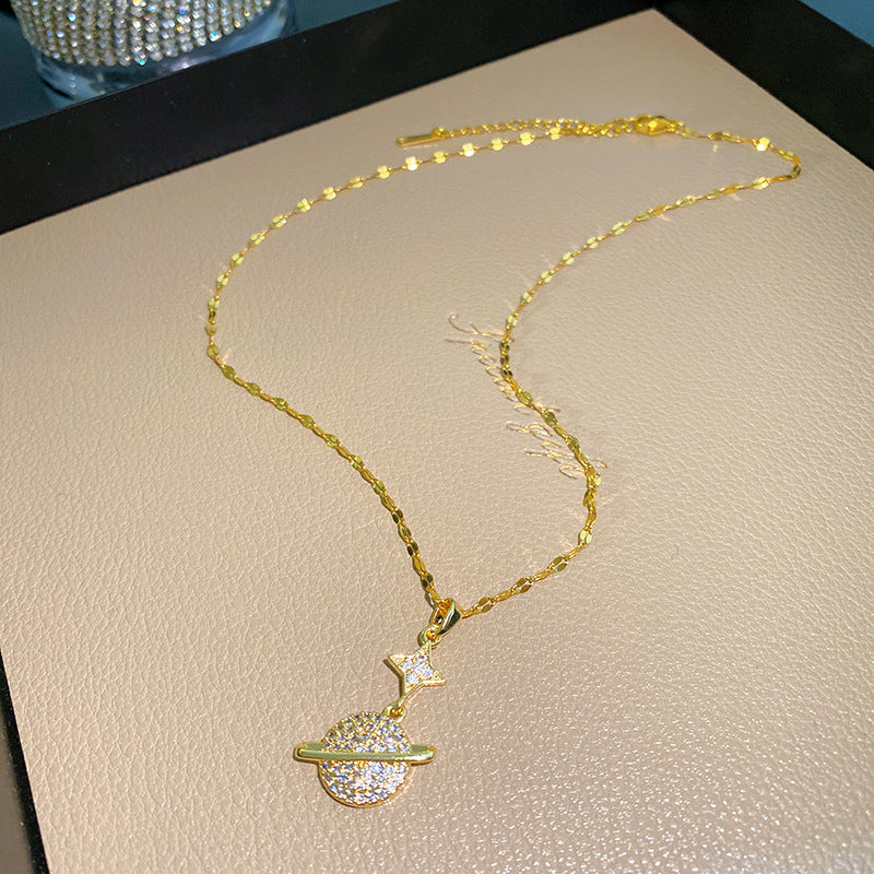 Minimalist Sweet Gold Plated Titanium Steel Planet Star Rhinestone Necklace for Unisex
