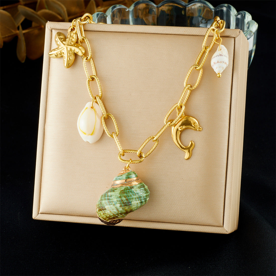 Vintage Gold Plated Animal Starfish Dolphin Shell Conch Pendant Stainless Steel Curb Chain Necklace for Women