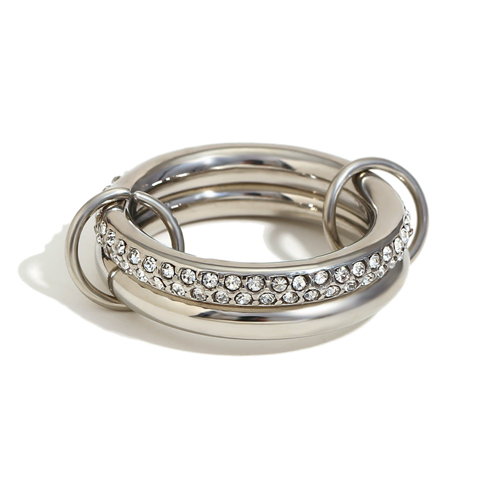 Vintage-Inspired Geometric Stainless Steel Ring with 18K Gold Plating and Rhinestone Accents for Women