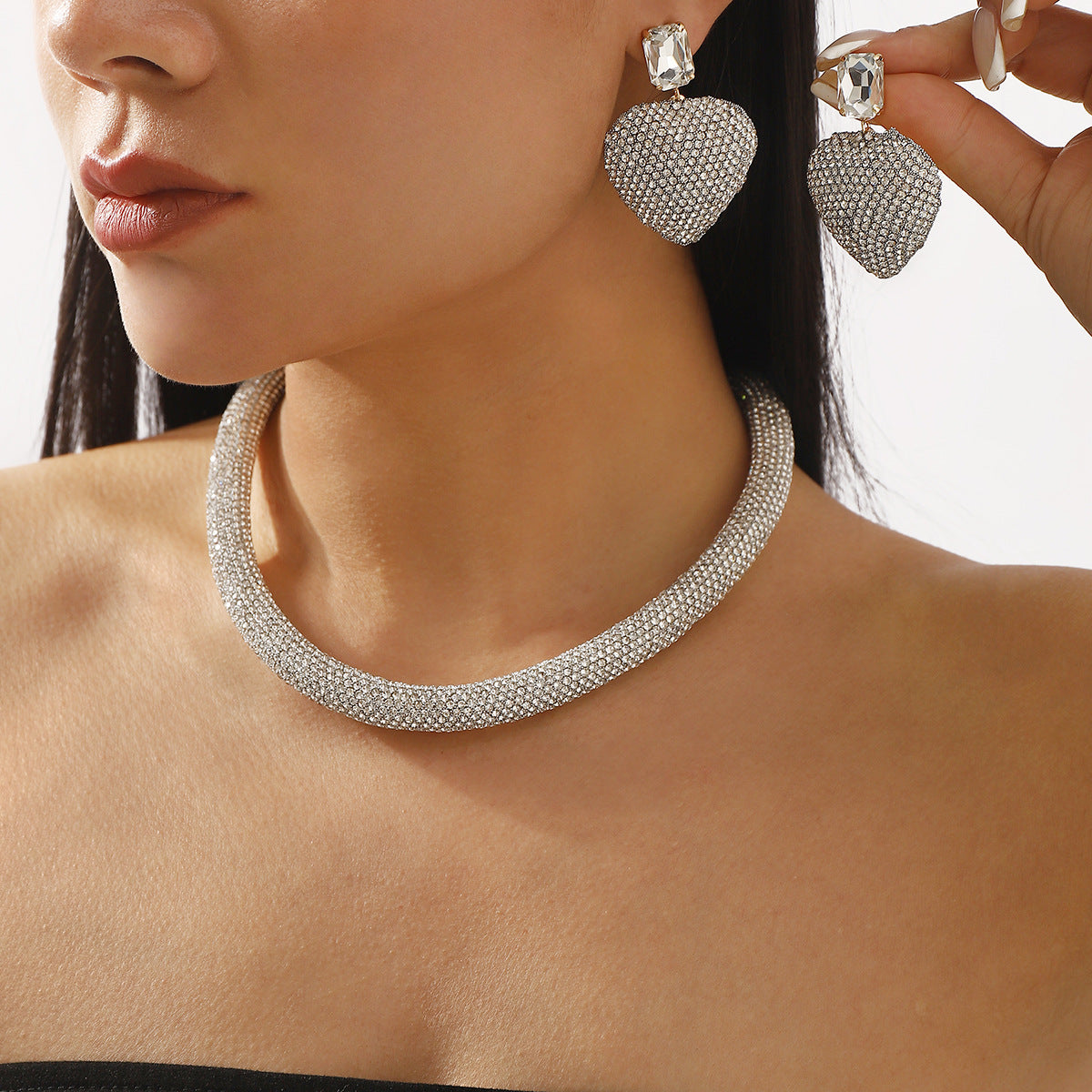 Set di collana e orecchini da donna in lega a forma geometrica con intarsio di strass, stile OL, alla moda