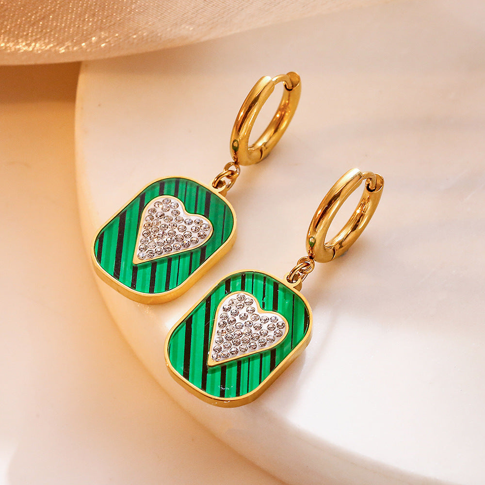 Orecchini da donna in acciaio al titanio a forma di cuore, geometrici e vintage, con intarsi in strass