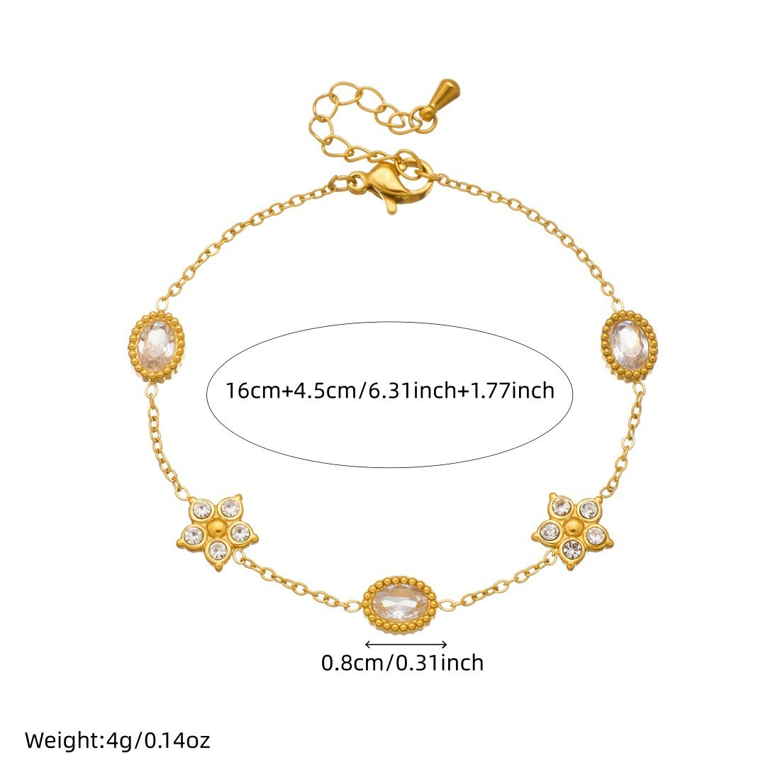 Minimalist Sweet Gold Plated Stainless Steel Rhinestone Floral Star Oval Bracelet