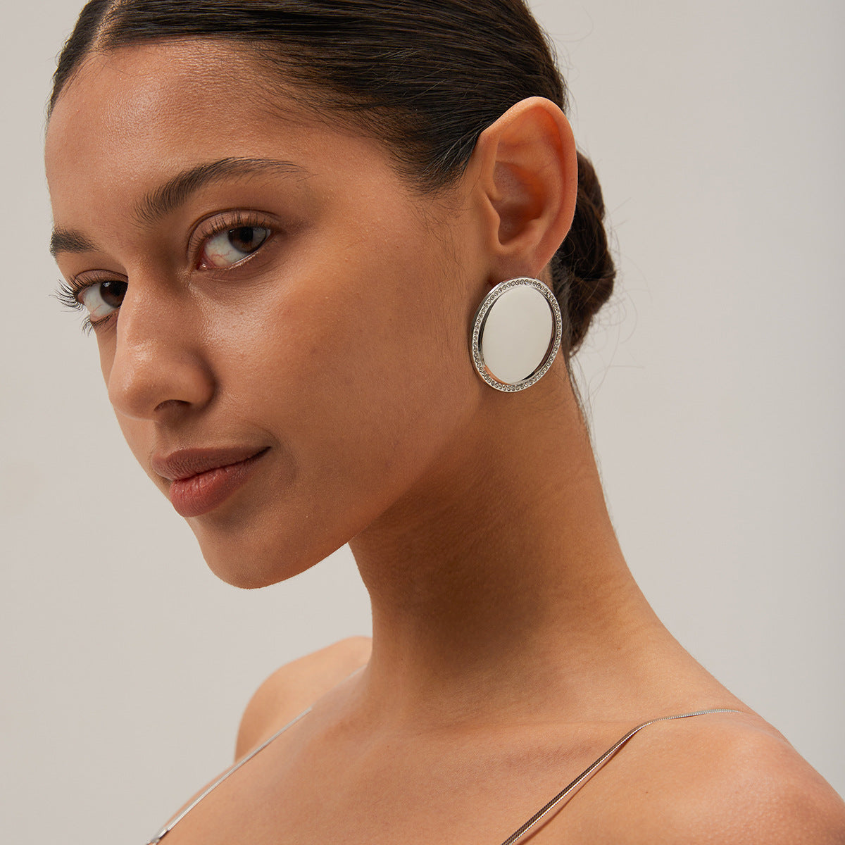 Trendy Geometric Round Disc Earrings 18K Gold Plated Stainless Steel Rhinestone Inlay for Women