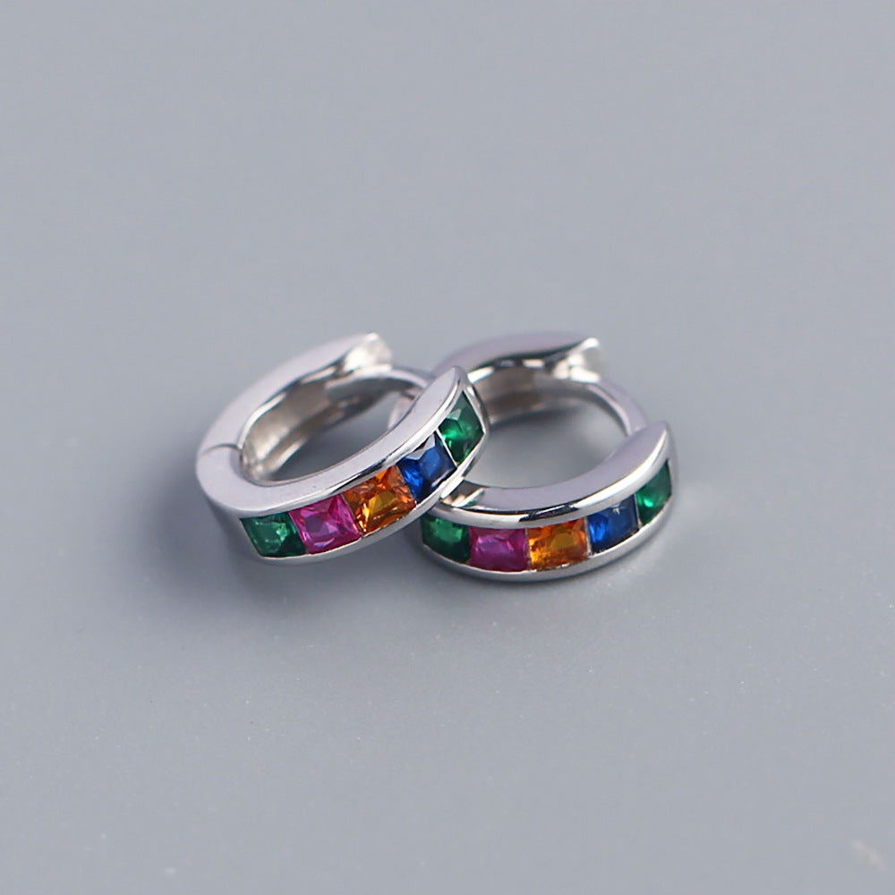 Minimalist 925 Sterling Silver Square Geometric Cubic Zirconia Inlay Hoop Earrings