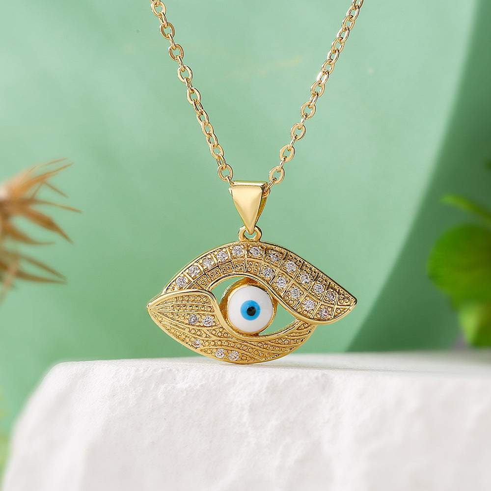 Bohemian Style Evil Eye Pendant Necklace for Women with Copper Base Plated in Real Gold and Enamel Finish Geometric Design