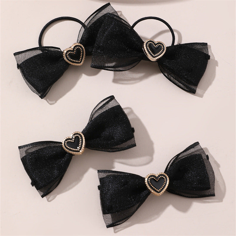 Set di 4 Fermagli per Capelli con Fiocco Nero per Bambine, Dolce e Audace, con Rete e Design a Cuore, Collezione di Accessori per Capelli