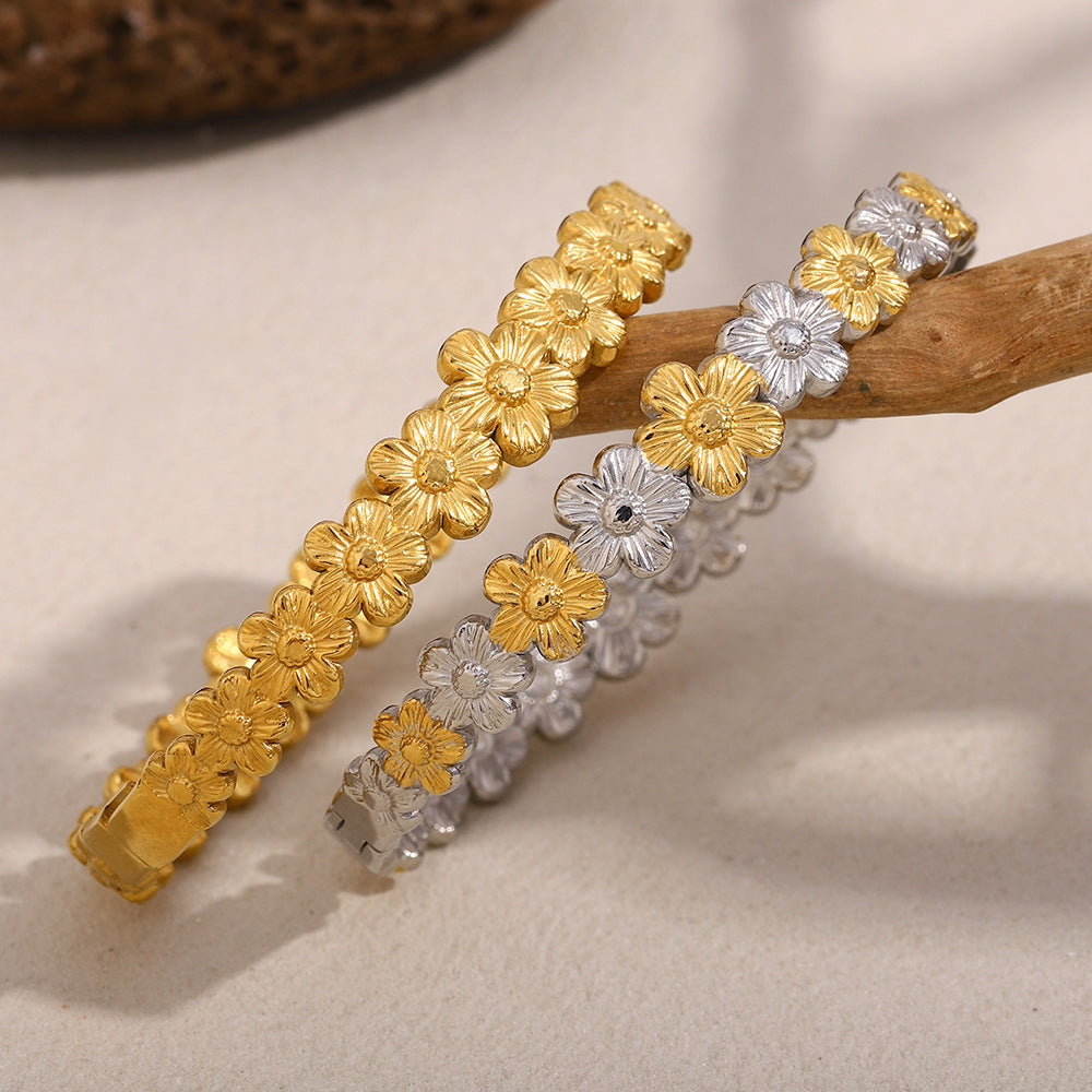 Bracciale da Donna in Acciaio Inossidabile Floreale Ispirato al Vintage con Placcatura in Oro 18K Finitura Bicolore
