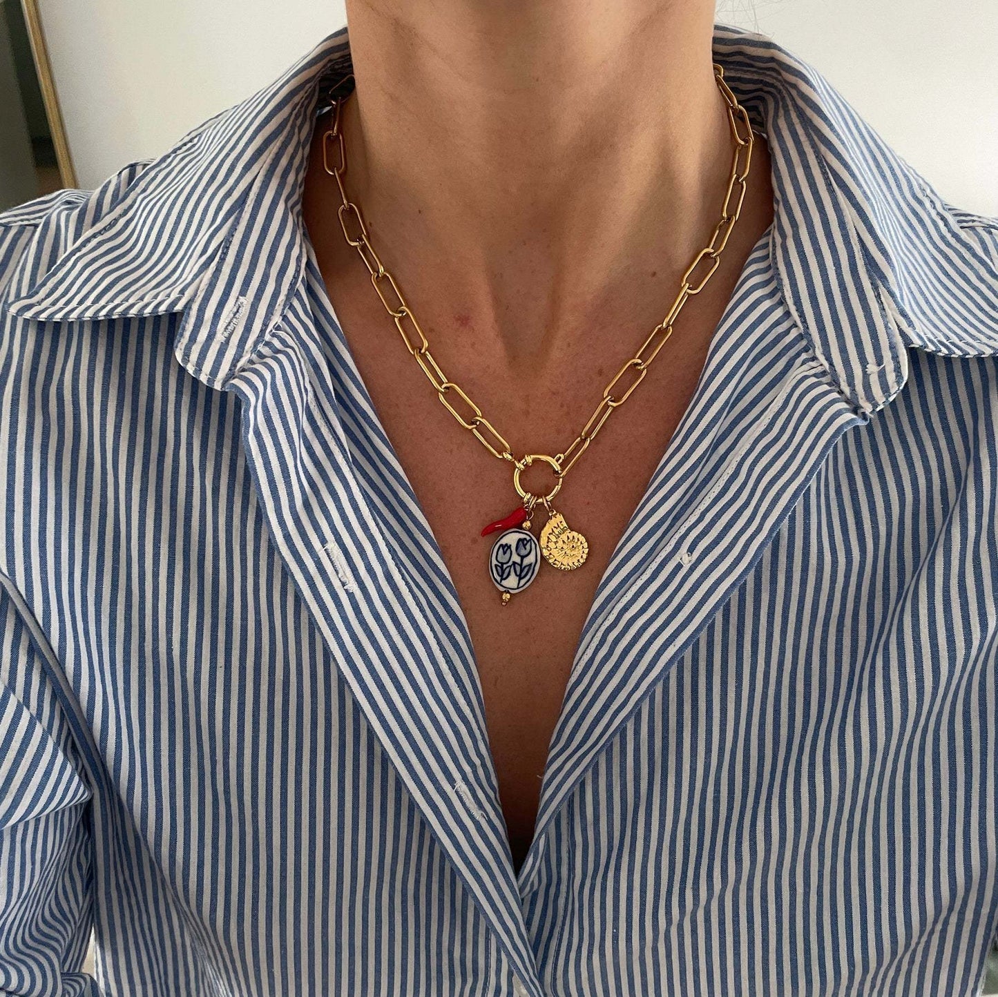 Geometric Heart Gemstone Pendant Titanium Steel Necklace for Women