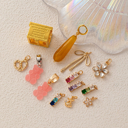 Vintage Gold Plated Brass Crystal Floral Animal DIY Charm Bar Pendant