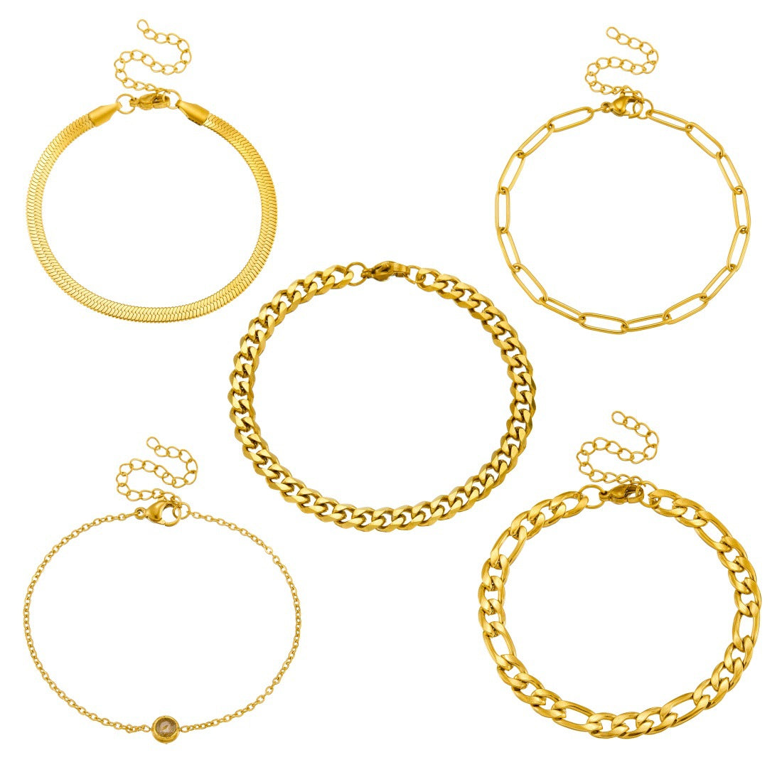 Minimalist Streetwear Gold Plated Stainless Steel Layered Cuban Link and Curb Chain Bracelet Set for Women