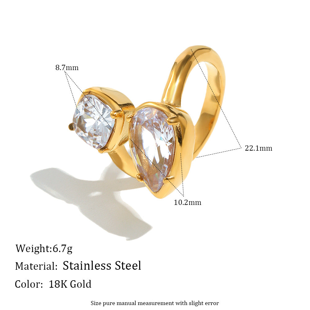 Anillo minimalista geométrico de acero inoxidable con baño de oro de 18 quilates y detalles de circonitas para mujer