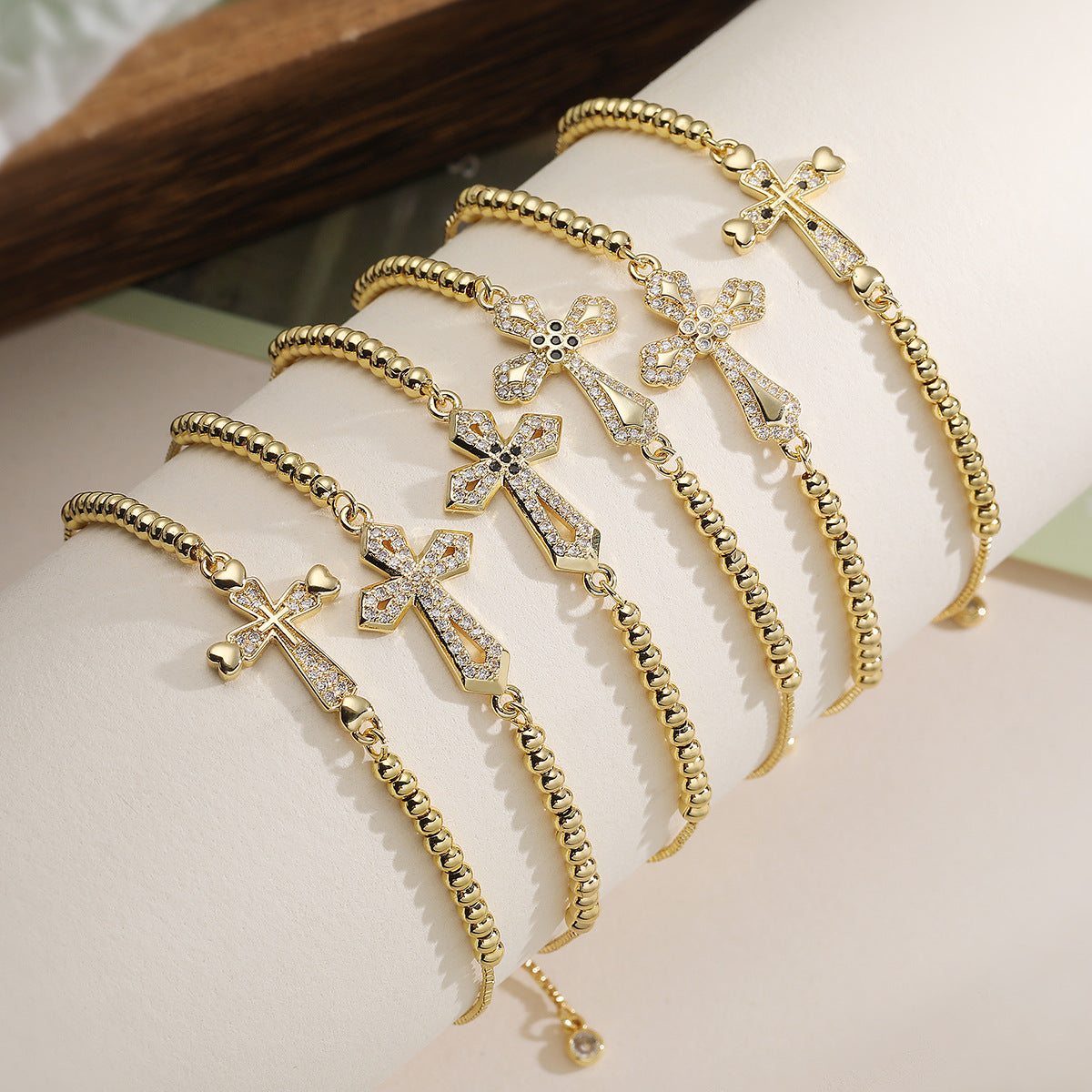 Minimalist Elegant 18K Gold Plated Brass Cross Bracelet with Cubic Zirconia Inlay for Women