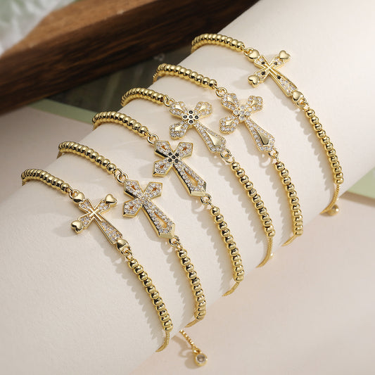 Minimalist Elegant 18K Gold Plated Brass Cross Bracelet with Cubic Zirconia Inlay for Women