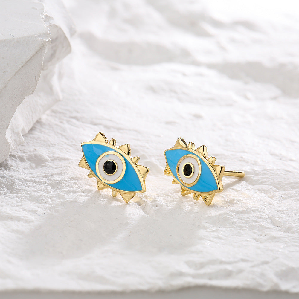 Vintage Geometric Eye Stud Earrings for Women Made of Copper with 18K Gold Plating and Enamel-Zirconia Accents