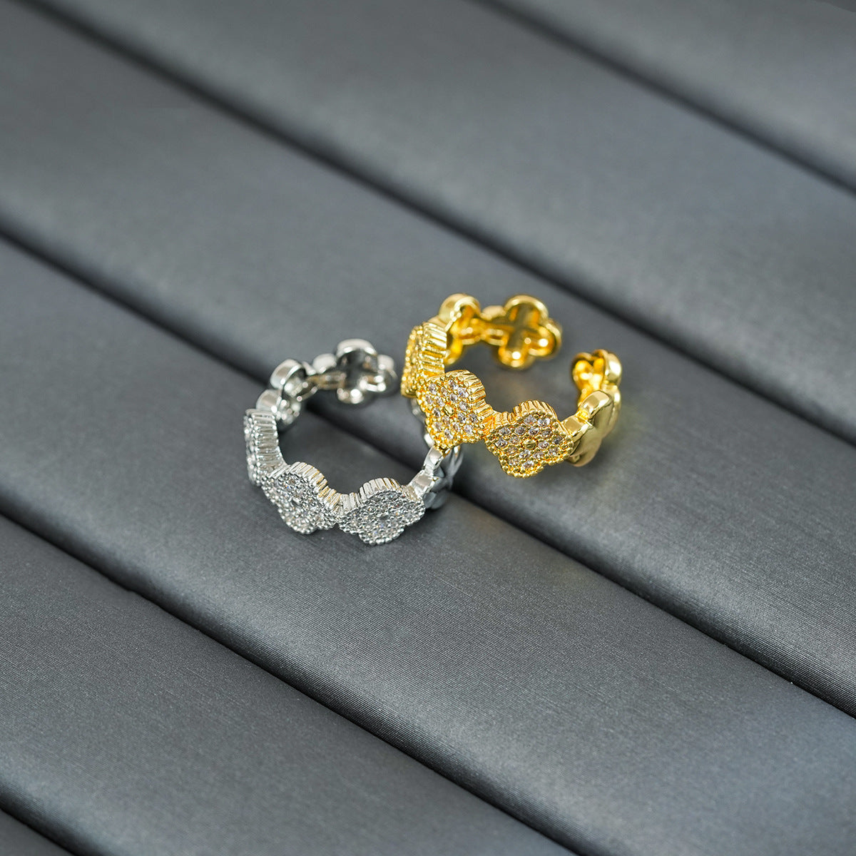 Minimalist Clover-Shaped Copper Ring with Zircon Inlay for Women Adjustable Opening Design Luxury Fashion Accessory