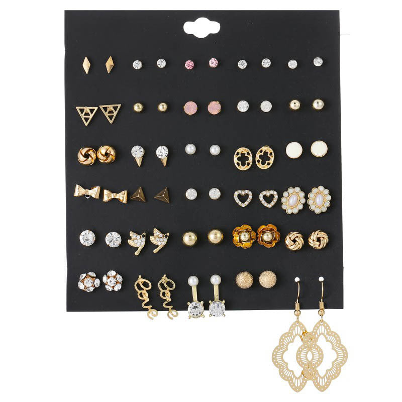 Sweet Geometric Crystal Inlay Alloy Earring Set with Stainless Steel Posts