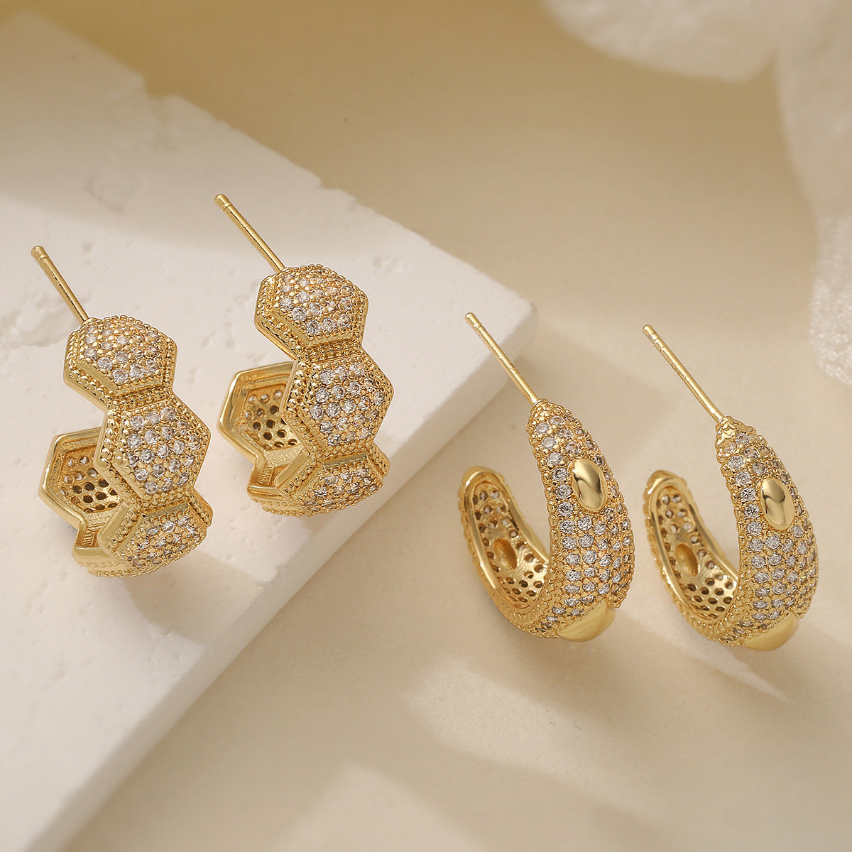 Minimalist Elegant Geometric C-Shaped Gold Plated Brass Earrings with Cubic Zirconia for Women
