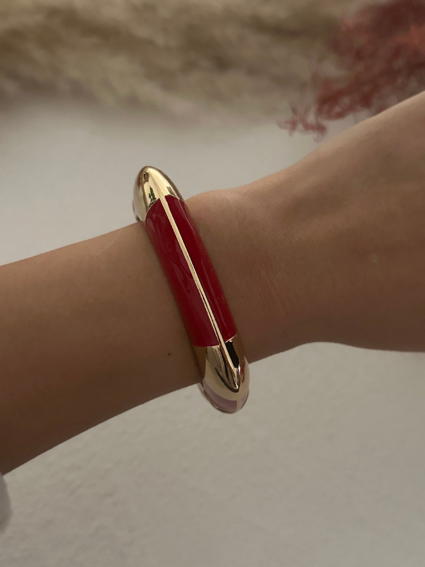 Bracciale elastico aperto a cuore geometrico bohémien vintage rosso smaltato
