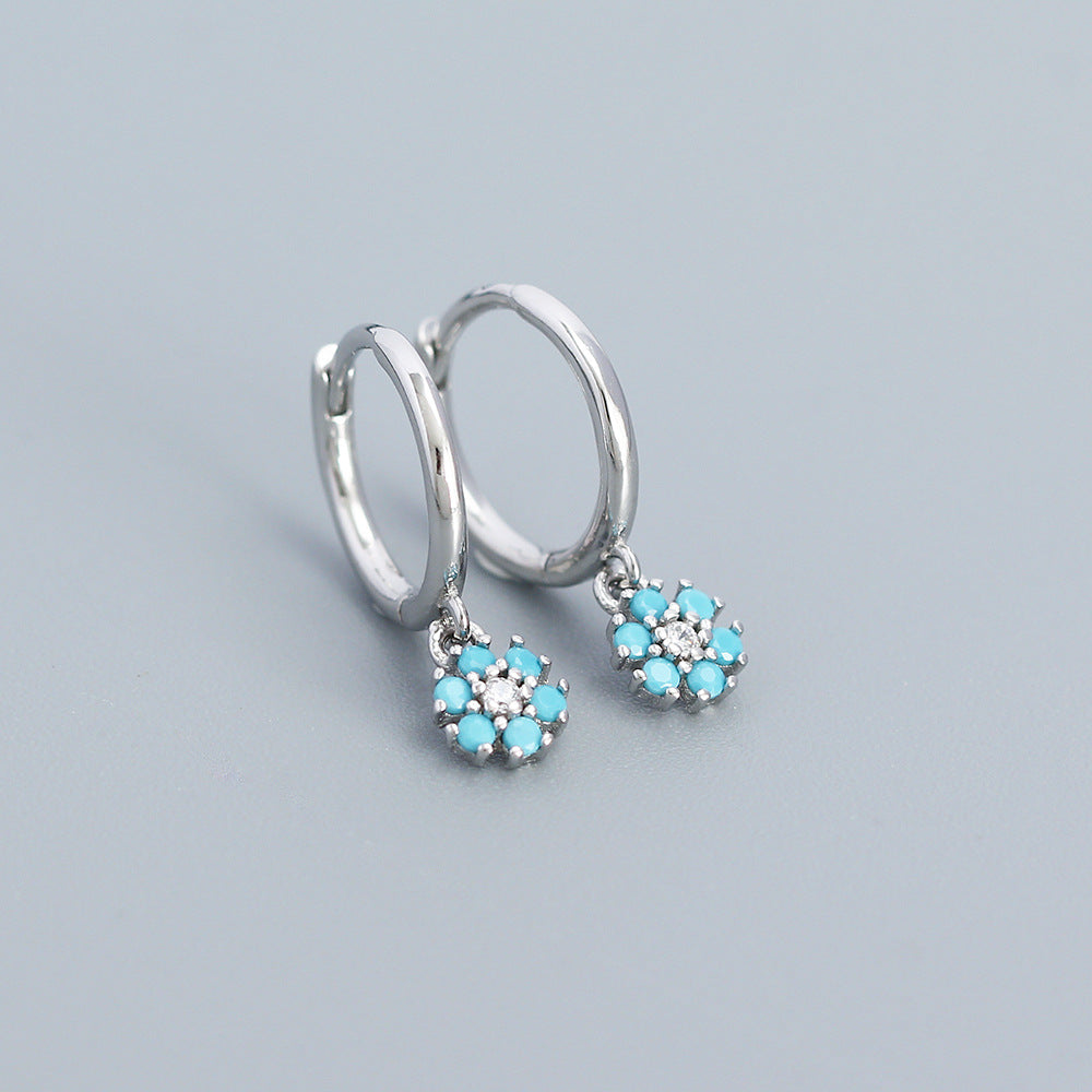 Minimalist Floral Geometric Earrings in 925 Sterling Silver with Blue Zircon Inlay