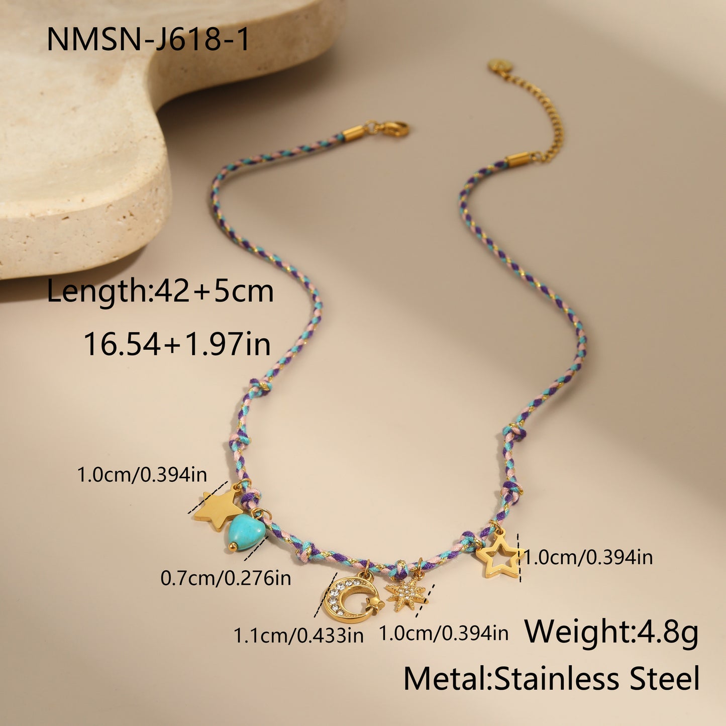 Collar Trenzado Hecho a Mano de Acero de Titanio con Colgante de Estrella y Luna para Mujer, Estilo Oficina a la Moda