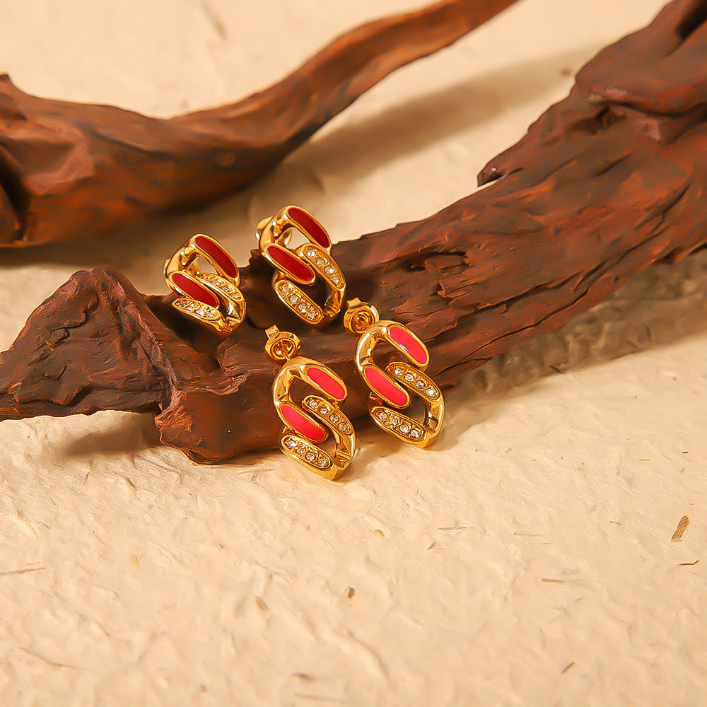 Vintage French Style Geometric Stainless Steel Earrings with 18K Gold Plating Enamel Finish and Zircon Inlay