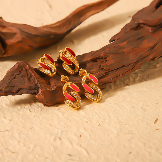 Pendientes de acero inoxidable de estilo francés vintage con forma geométrica, chapado en oro de 18 quilates, acabado esmaltado e incrustaciones de circonitas