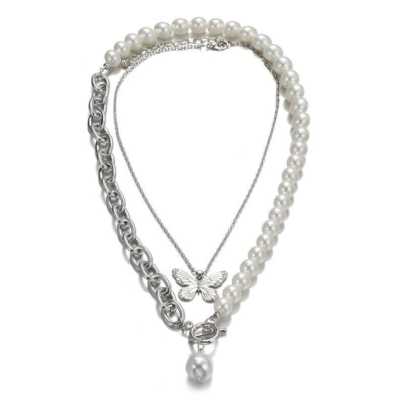 Sweet Rhinestone Inlaid Alloy Butterfly Evil Eye Bow Pendant Necklace with Curb Chain for Women