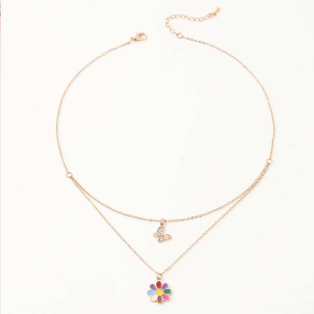 Dulce Collar de Mariposa Floral Estrella Corazón para Niñas, Cadena de Aleación con Acabado Esmaltado, Joyería de Verano Multicapa